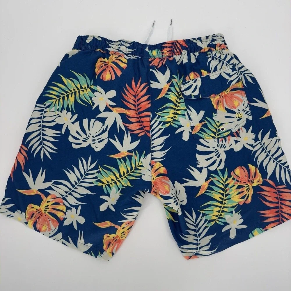 Tipsyelves Casual Tropical Floral Swim Trunks Men's Navy Blue Drawstring Pockets